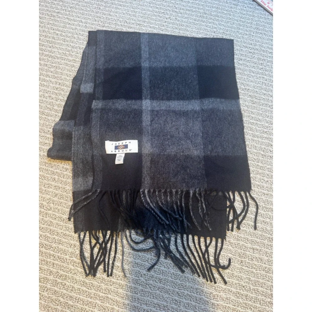 Joseph Abboud Mens 100% Cashmere Scarf Black Grey Plaid Check Fringe Winter Wrap